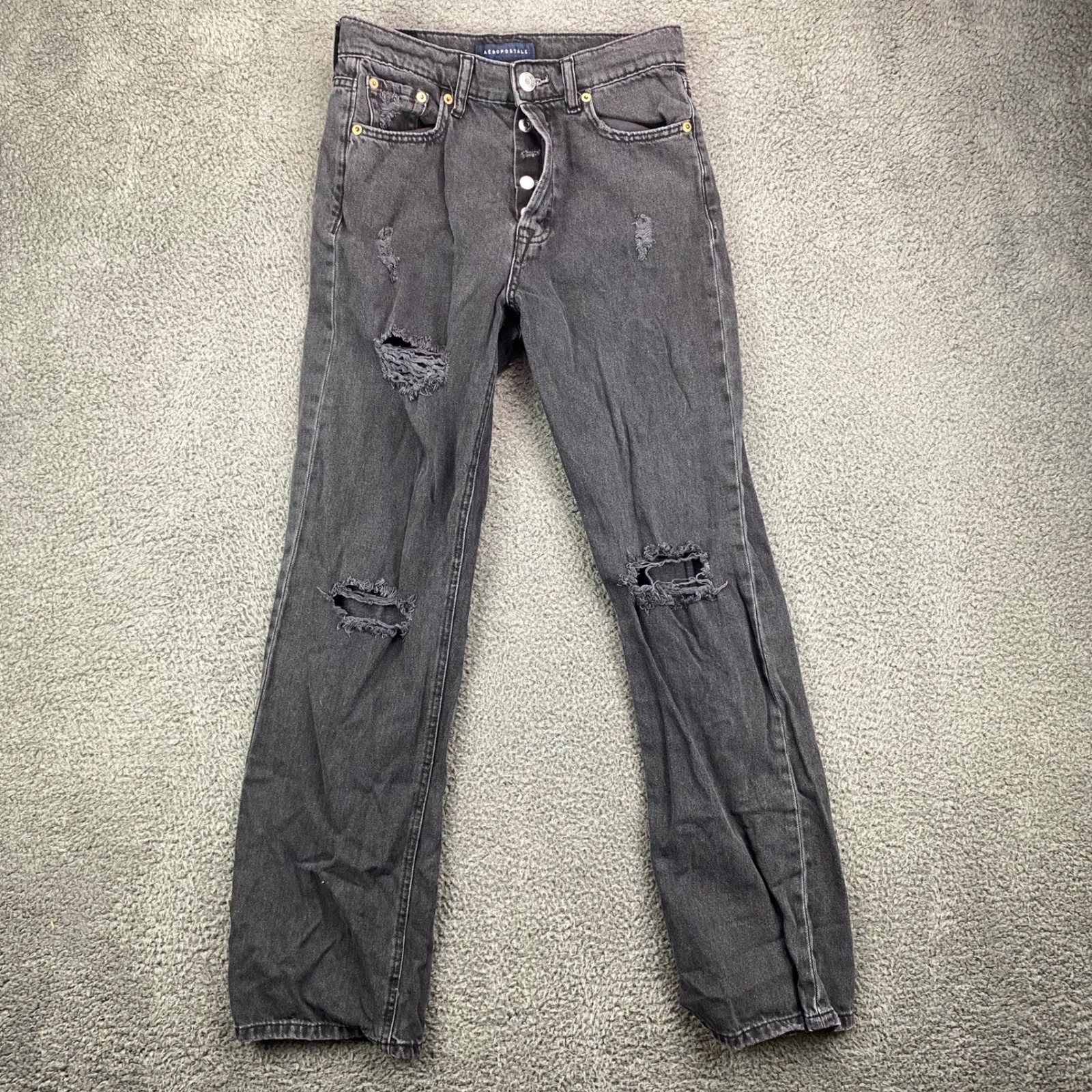 Aeropostale 90s Baggy Jeans Womens 2 Reg Distressed Black Wash Denim Button Fly